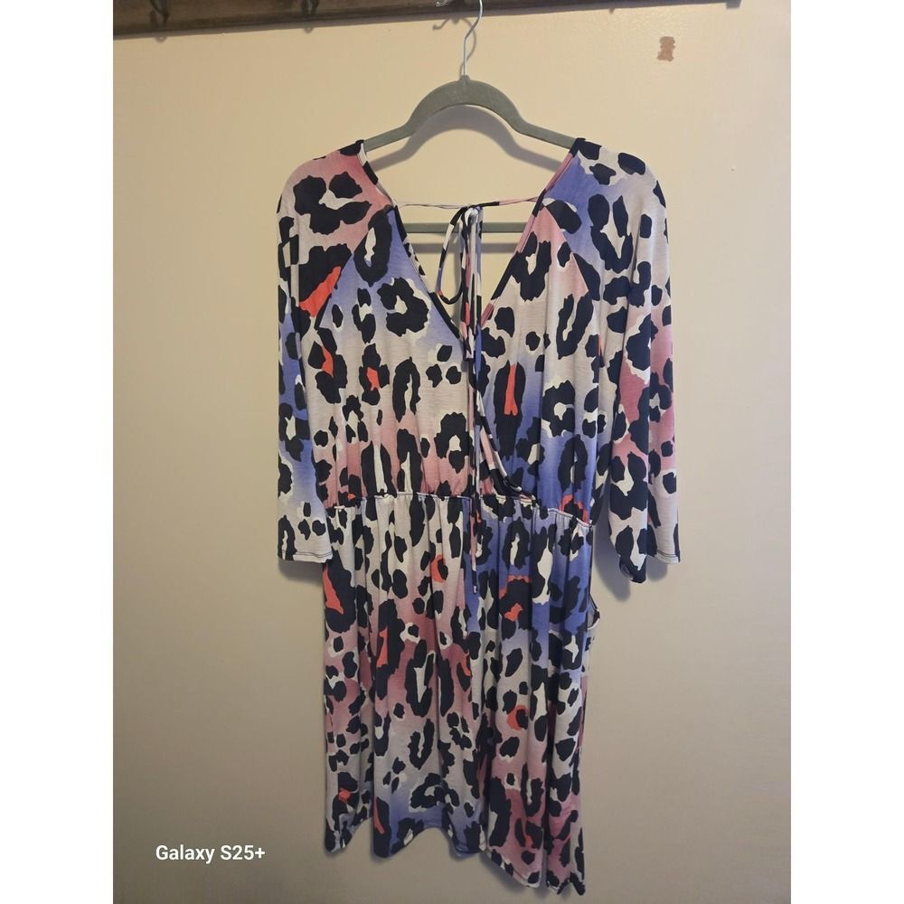 Animal Print Dress Womens Purple Pink Orange Excellent Mini V-Neck